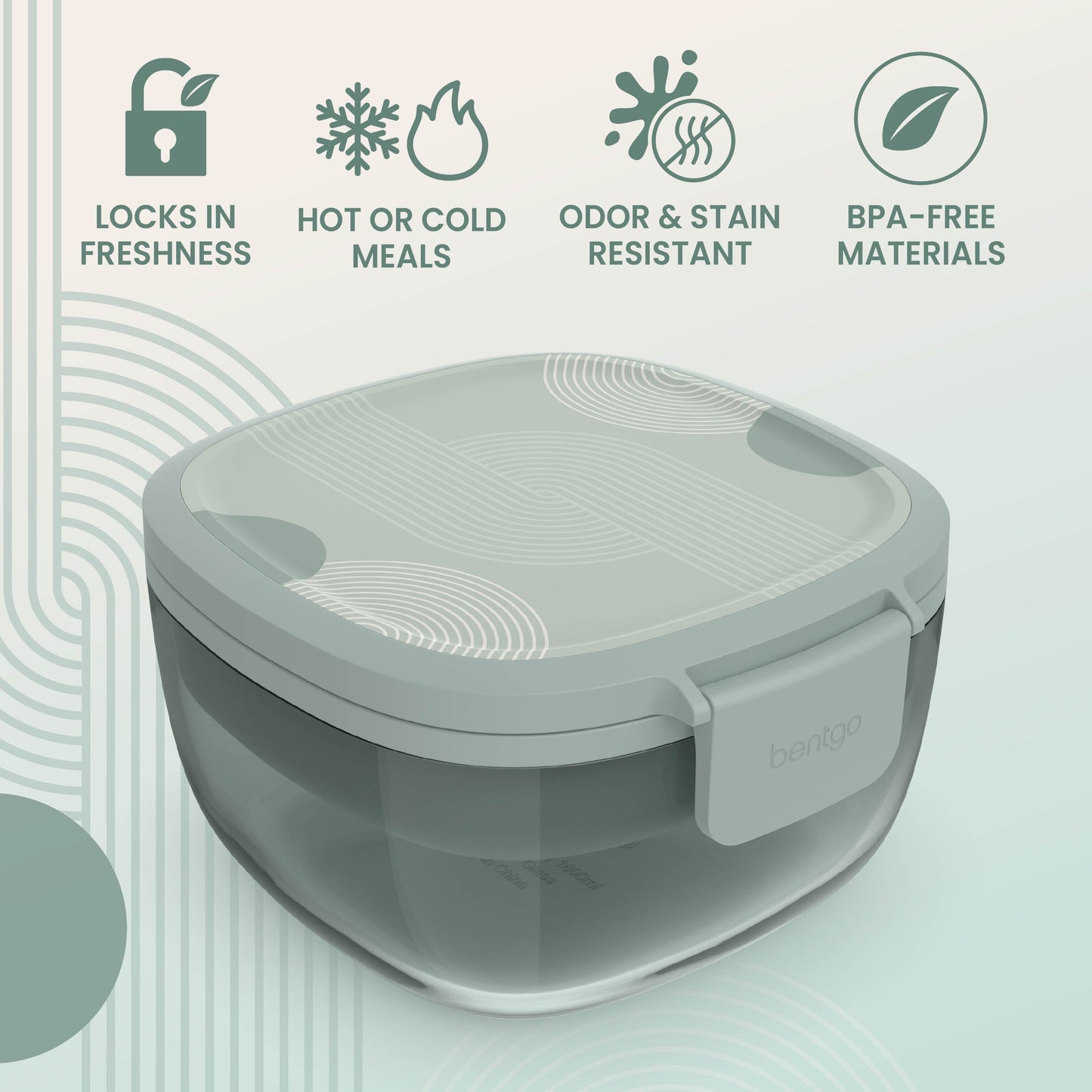 Bentgo® Glass Prints All-in-One Salad Container - Mod Curve - Serene Green | Locks In Freshness, Great For Hot Or Cold Meals, Odor & Stain Resistant And Made With BPA-Free Materials