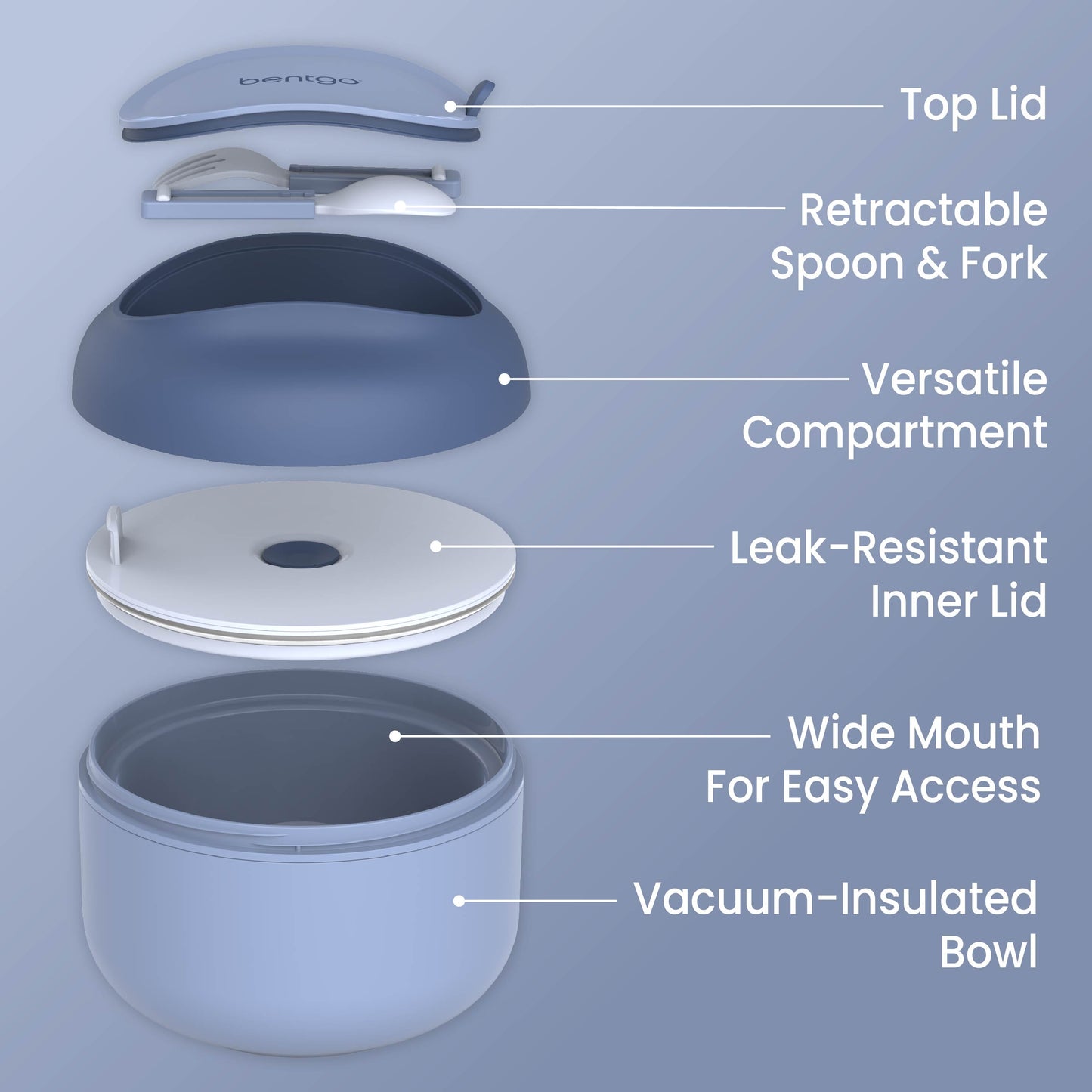 Bentgo® Bowl (2-Pack) - Slate | Top Lid, Retractable Spoon & Fork, Versatile Compartment, Wide Mouth For Easy Access, Leak-Resistant Inner Lid, And Vacuum-Insulated Bowl