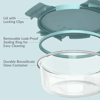 Bentgo Glass Leak-Proof Food Storage Set (14-Piece) - Soft Aqua | Lid With Locking Clips, Removable Leak-Proof Sealing Ring for Easy Cleaning, And Durable Borosilicate Glass Container