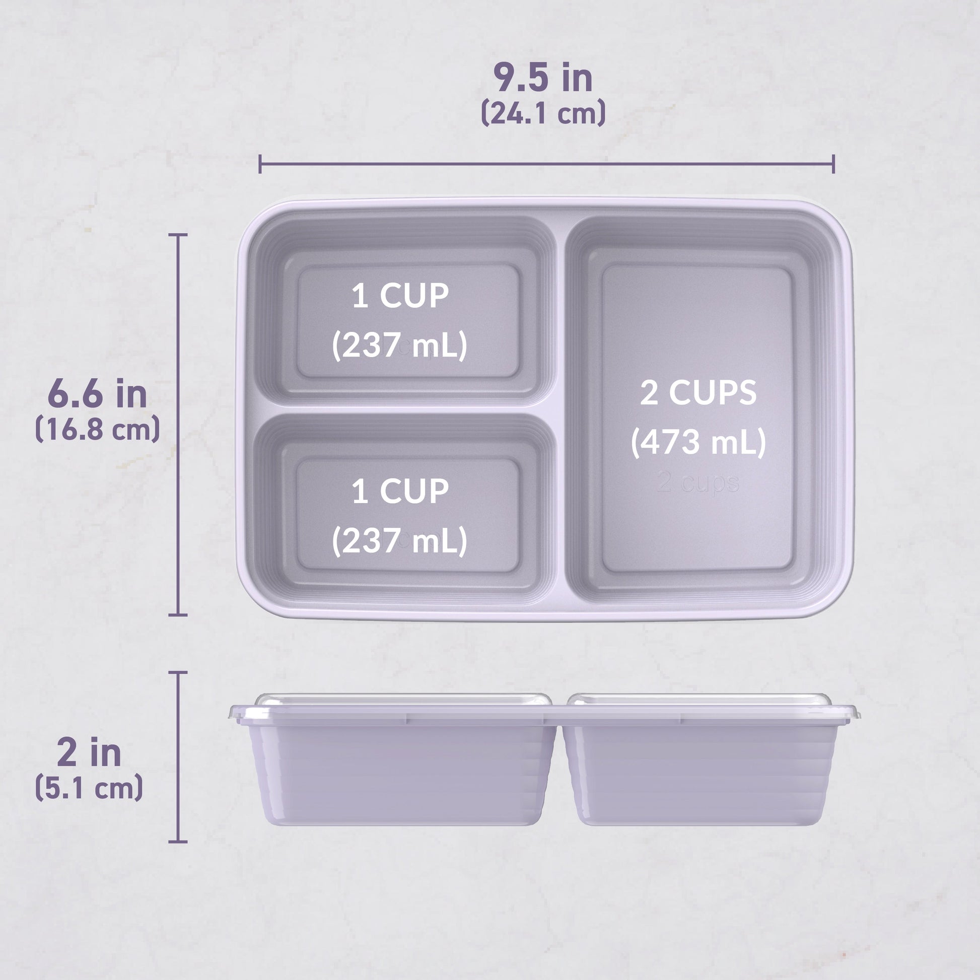 Bentgo® Prep 3-Compartment Meal Prep Containers (20-Piece) - Lilac | Dimensions