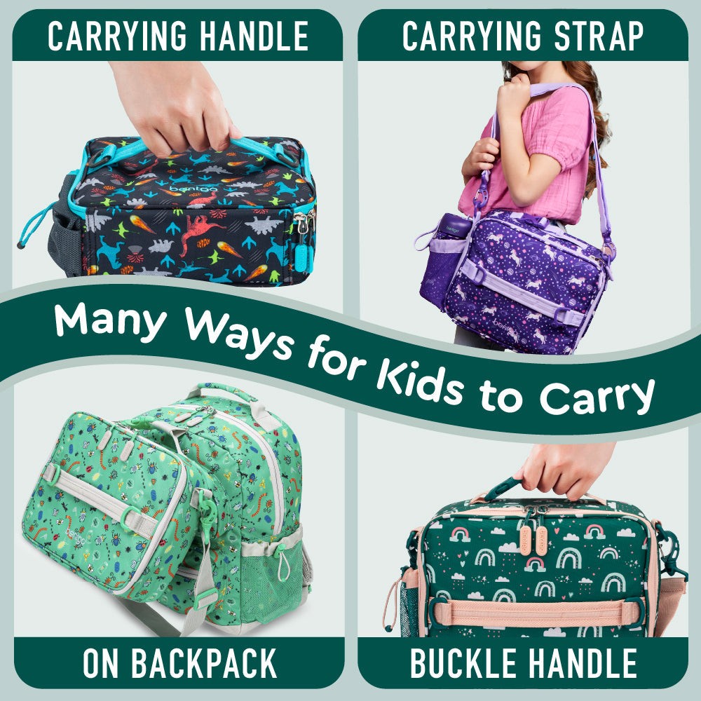 Bentgo® Kids Prints Lunch Bag - Green Rainbow | Many Ways For Kids To Carry - Carrying Handle, Shoulder Strap, On Backpack, And Buckle Handle