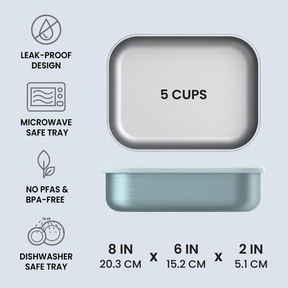 Bentgo® MicroSteel Lunch Box - Aqua | Leak-Proof Design, Microwave Safe Tray, No PFAs & BPA-Free, And Dishwasher Safe Tray | Product Dimensions